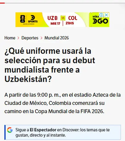 DCO ad adapted to the match, top banner on an El Espectador article